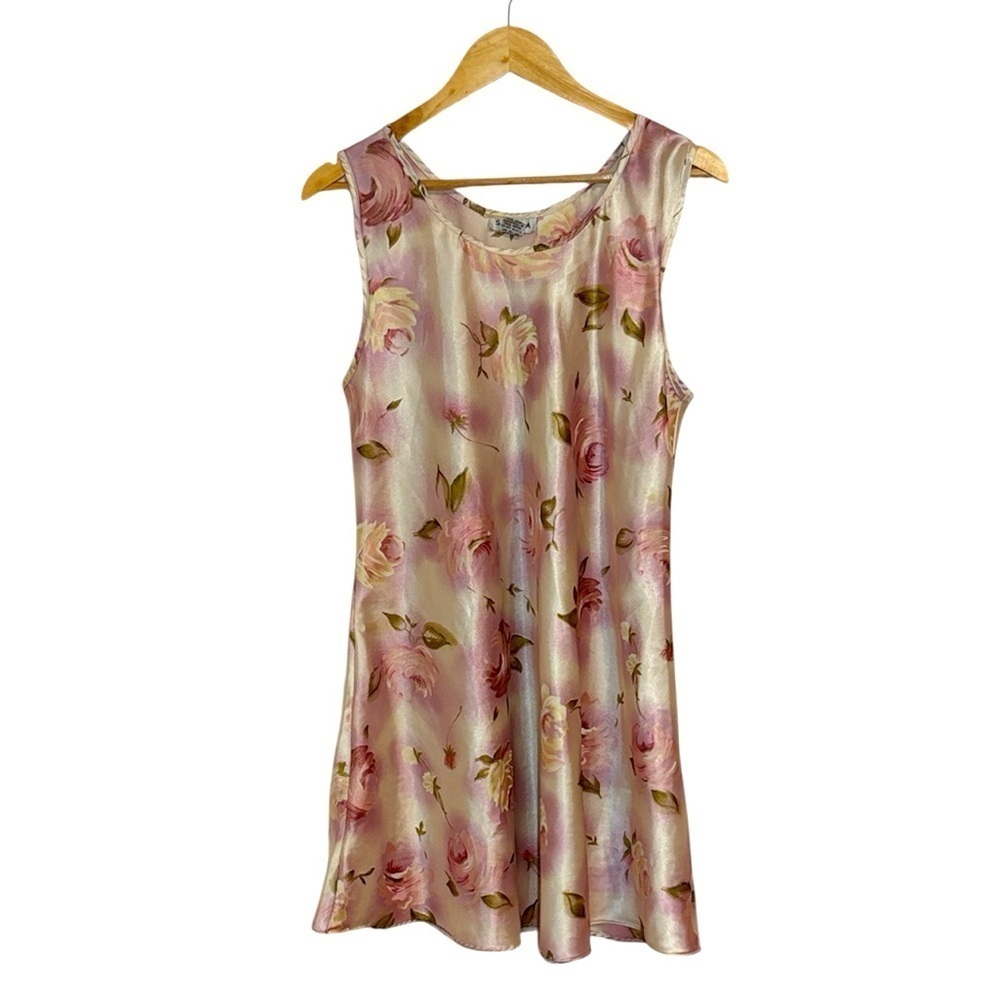 Satin Floral Slip Dress, Shift dress, ivory pink, Large